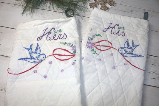 Quilted "His" and "Hers" Stockings from Upcycled Vintage Linen
