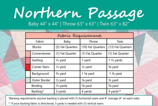 Pattern sheet for a quilt titled 'Northern Passage' with fabric requirements and Due North Handmade branding.