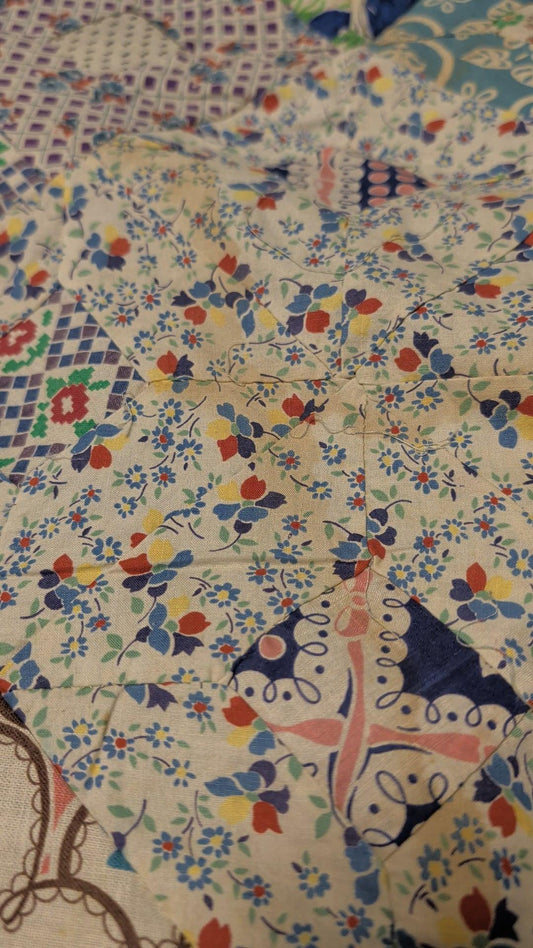 Vintage Feedsack Quilt Top – Hand Pieced – Authentic 1930s–40s Fabrics – Some Staining