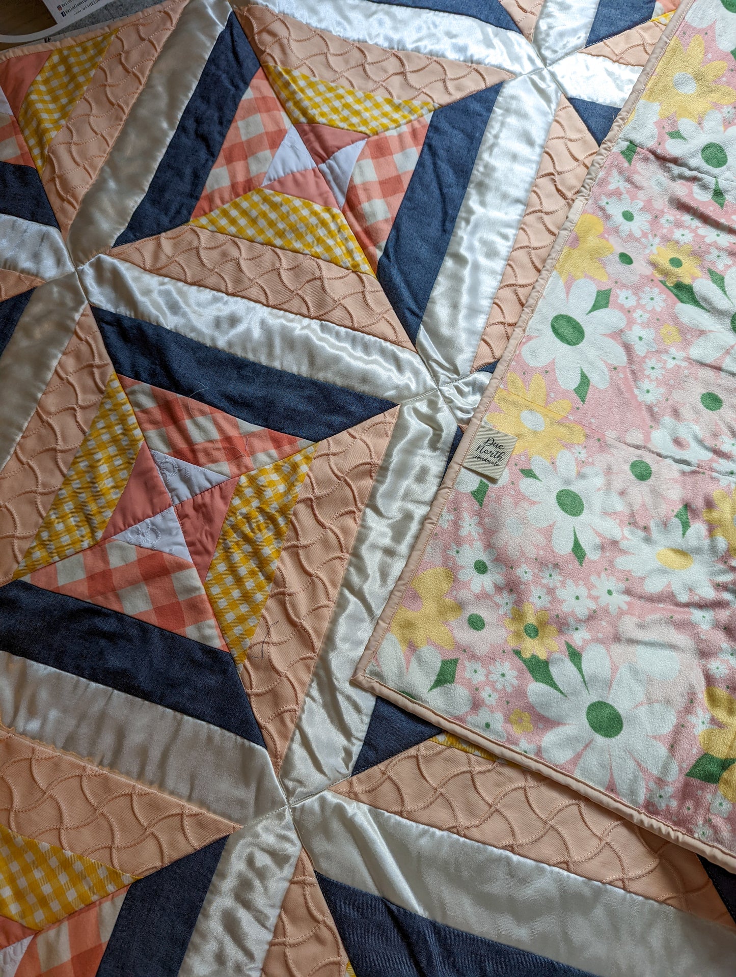 Modern denim and peach baby quilt