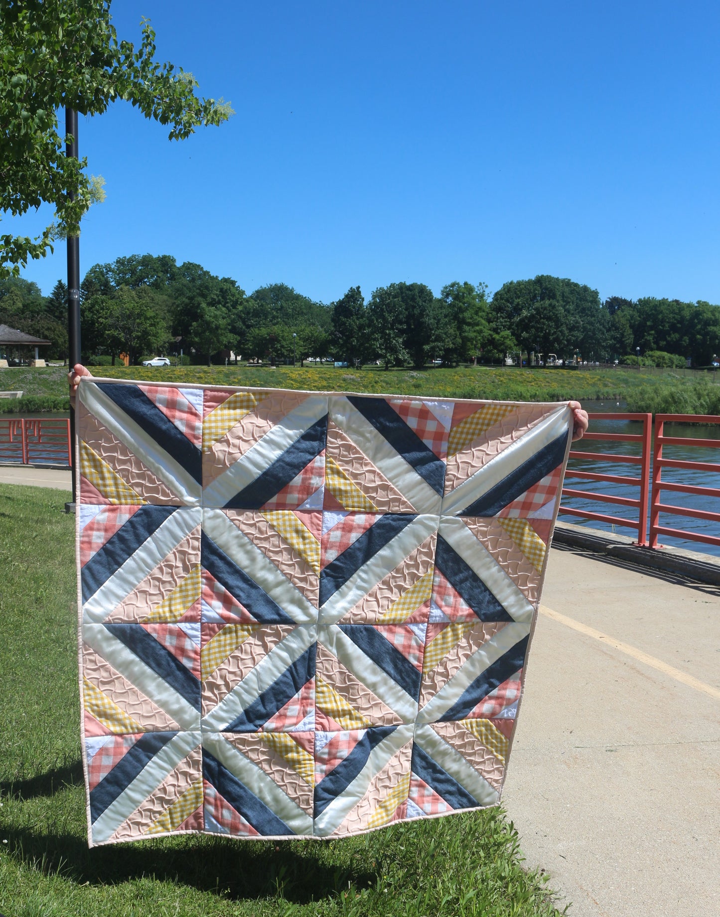 Modern denim and peach baby quilt