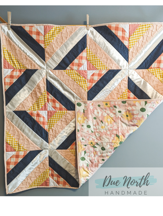 Modern denim and peach baby quilt