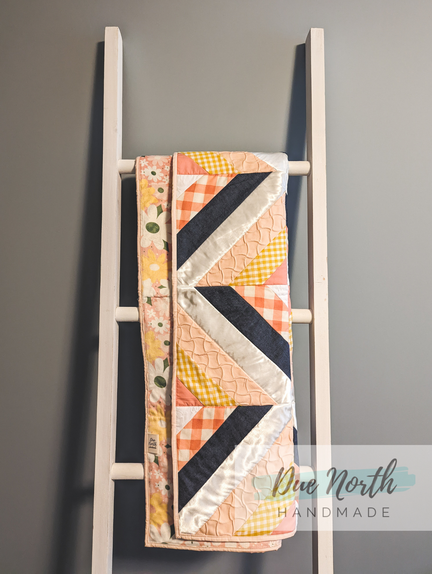 Modern denim and peach baby quilt