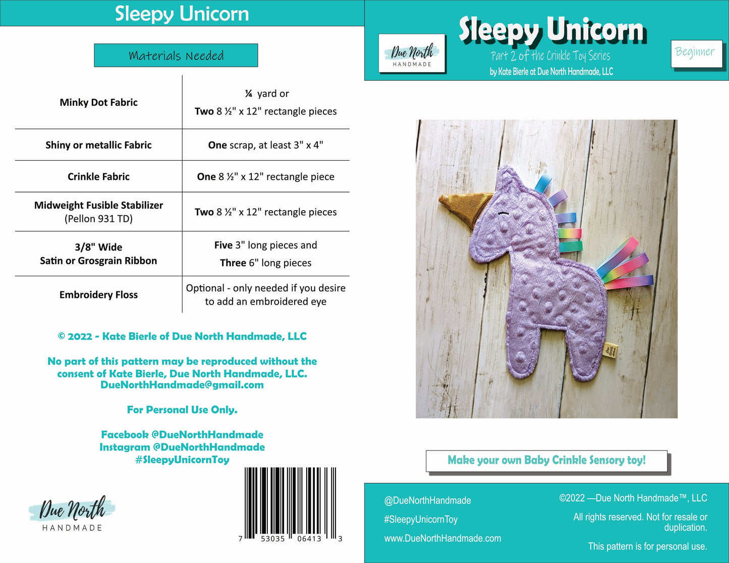 Sleepy Unicorn Toy Pattern - paper pattern