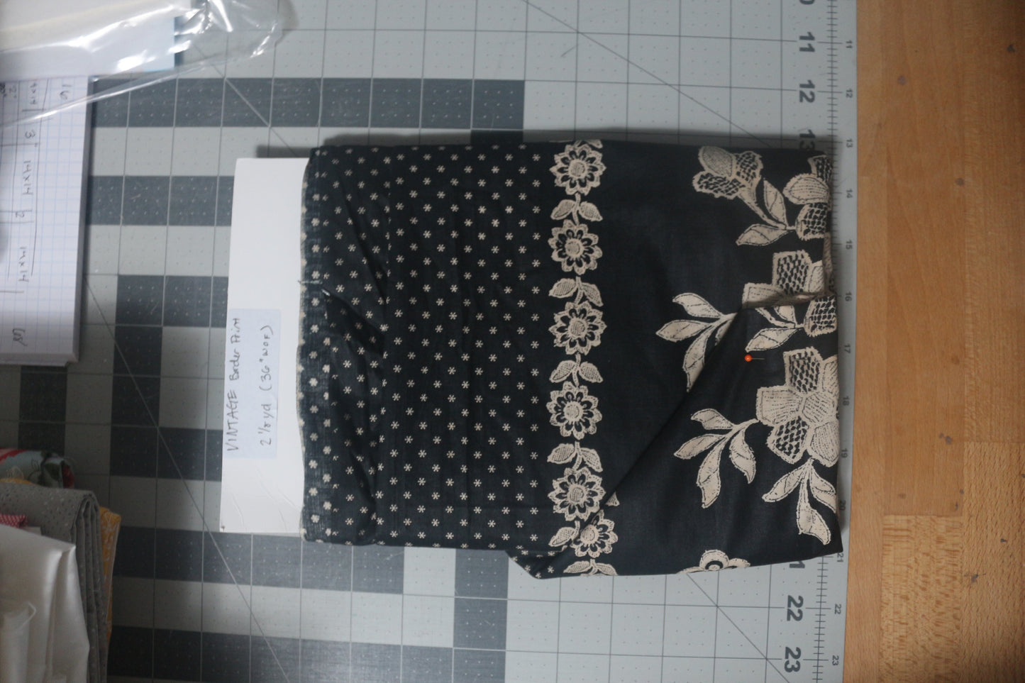 Vintage floral border print with stars - cream on black 2.5 yard x 36" WOF