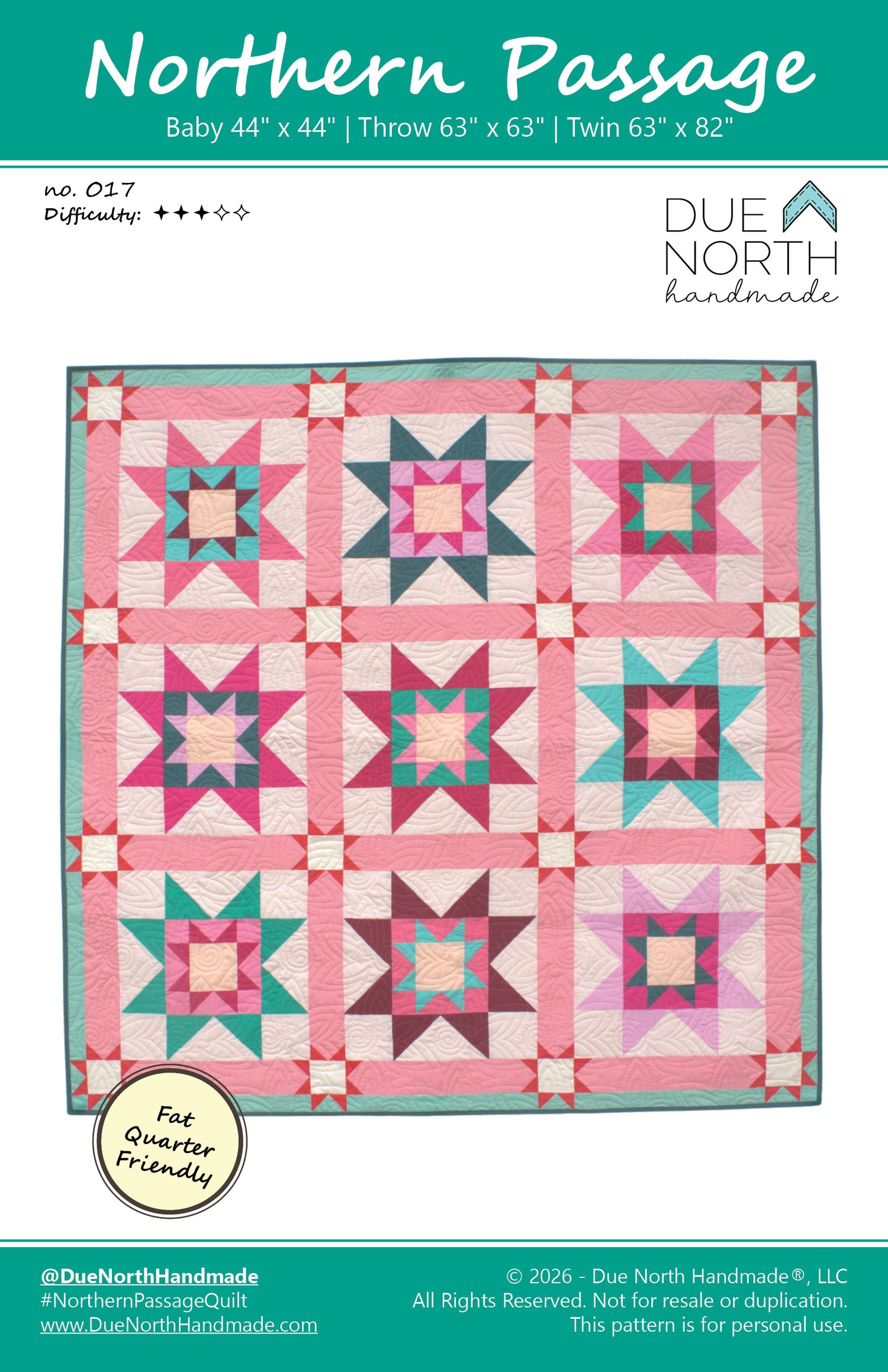 Quilt pattern cover for 'Northern Passage' with star designs on a pink background.