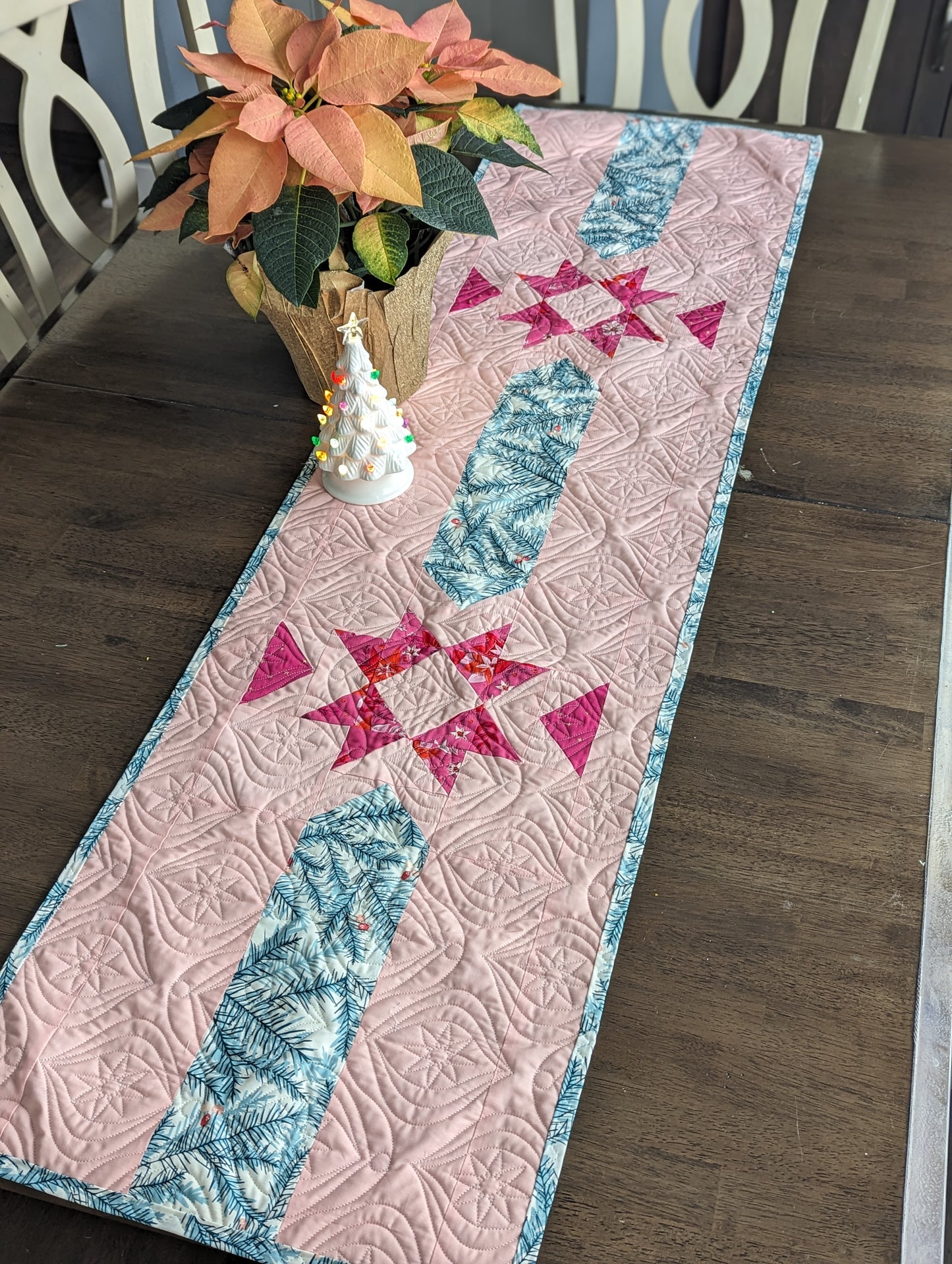 Pink and aqua quilted table runner
