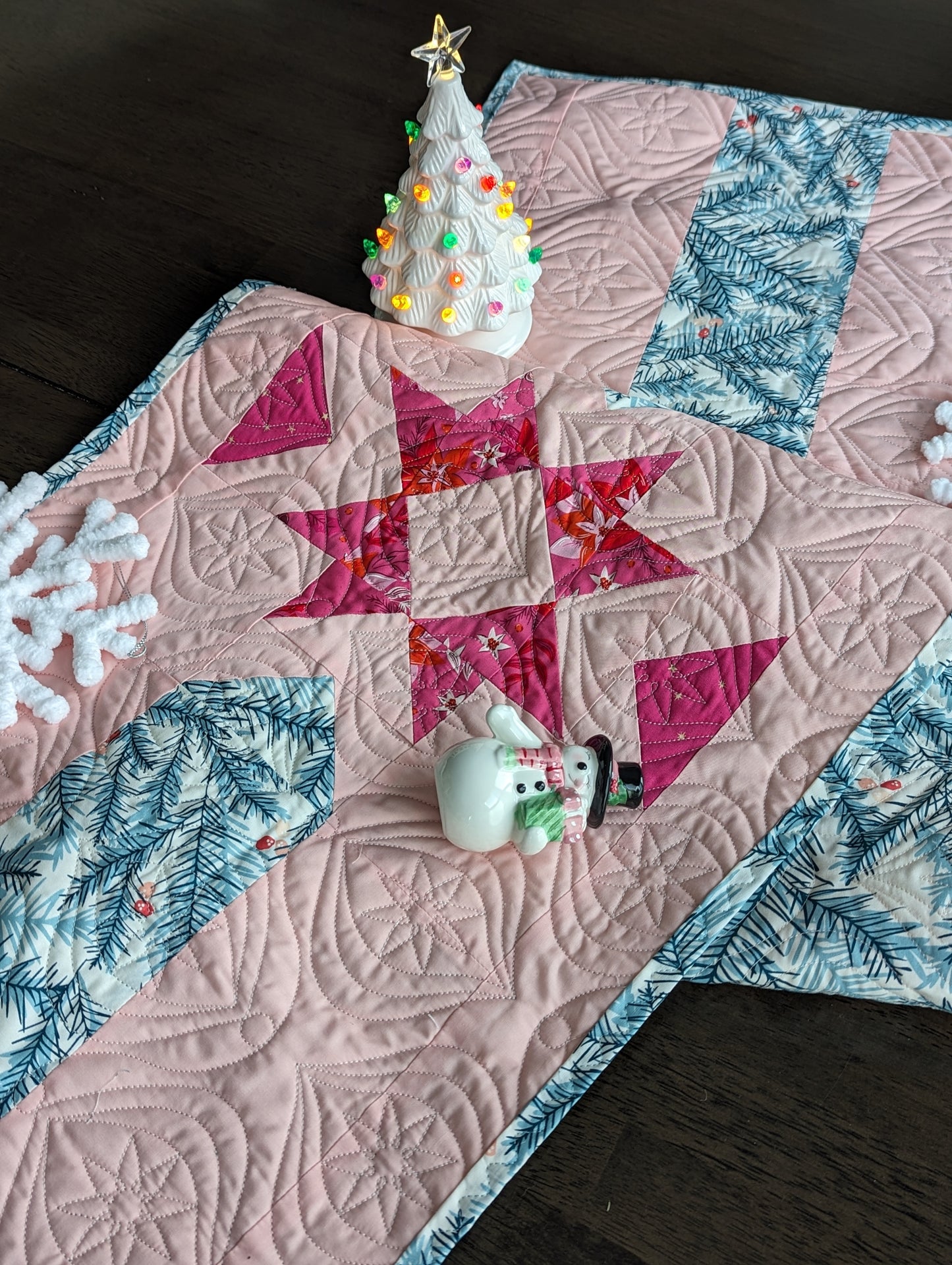 Pink and aqua quilted table runner