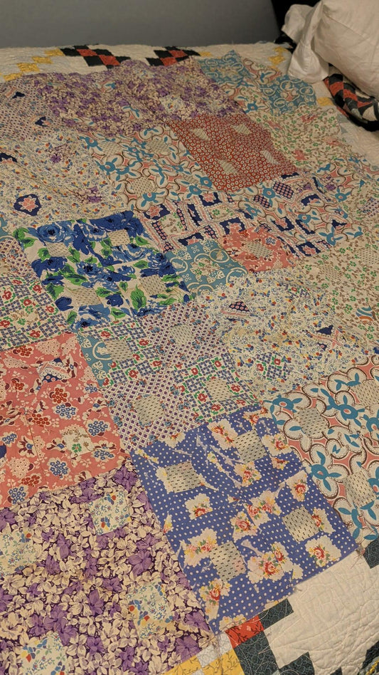 Vintage Feedsack Quilt Top – Hand Pieced – Authentic 1930s–40s Fabrics – Some Staining