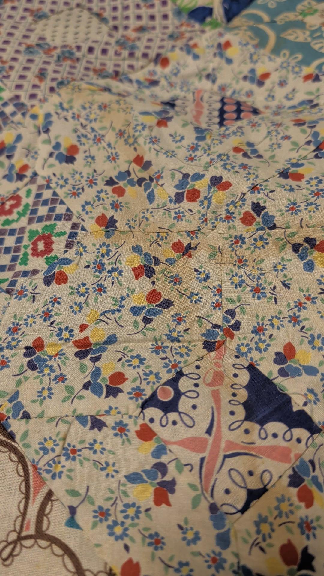 Vintage Feedsack Quilt Top – Hand Pieced – Authentic 1930s–40s Fabrics – Some Staining