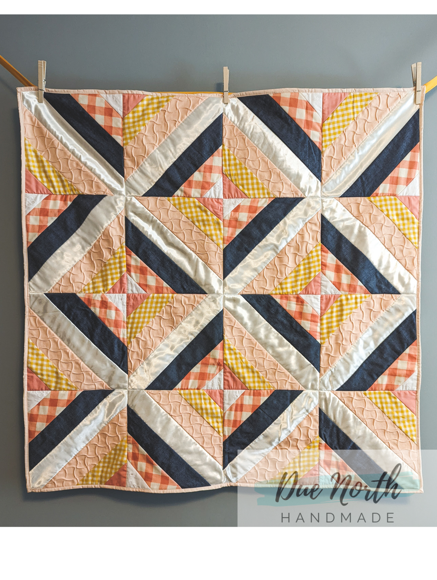 Modern denim and peach baby quilt