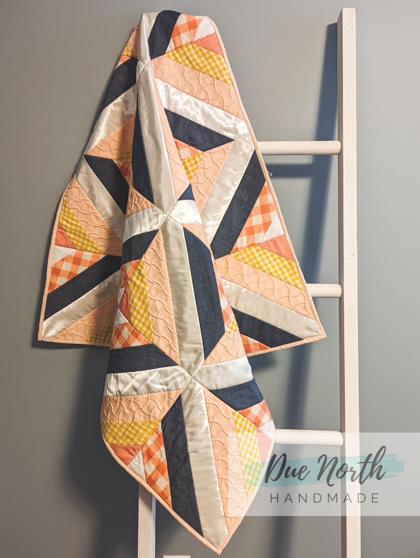 Modern denim and peach baby quilt